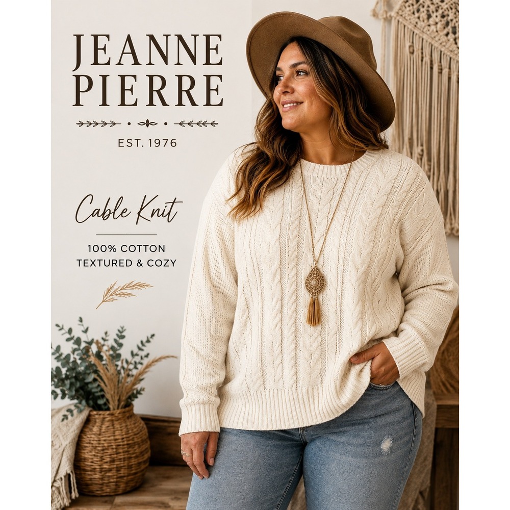 NEW Jeanne Pierre Cream Cable Knit Cotton‎ Sweater 3X Plus Size Long Sleeve